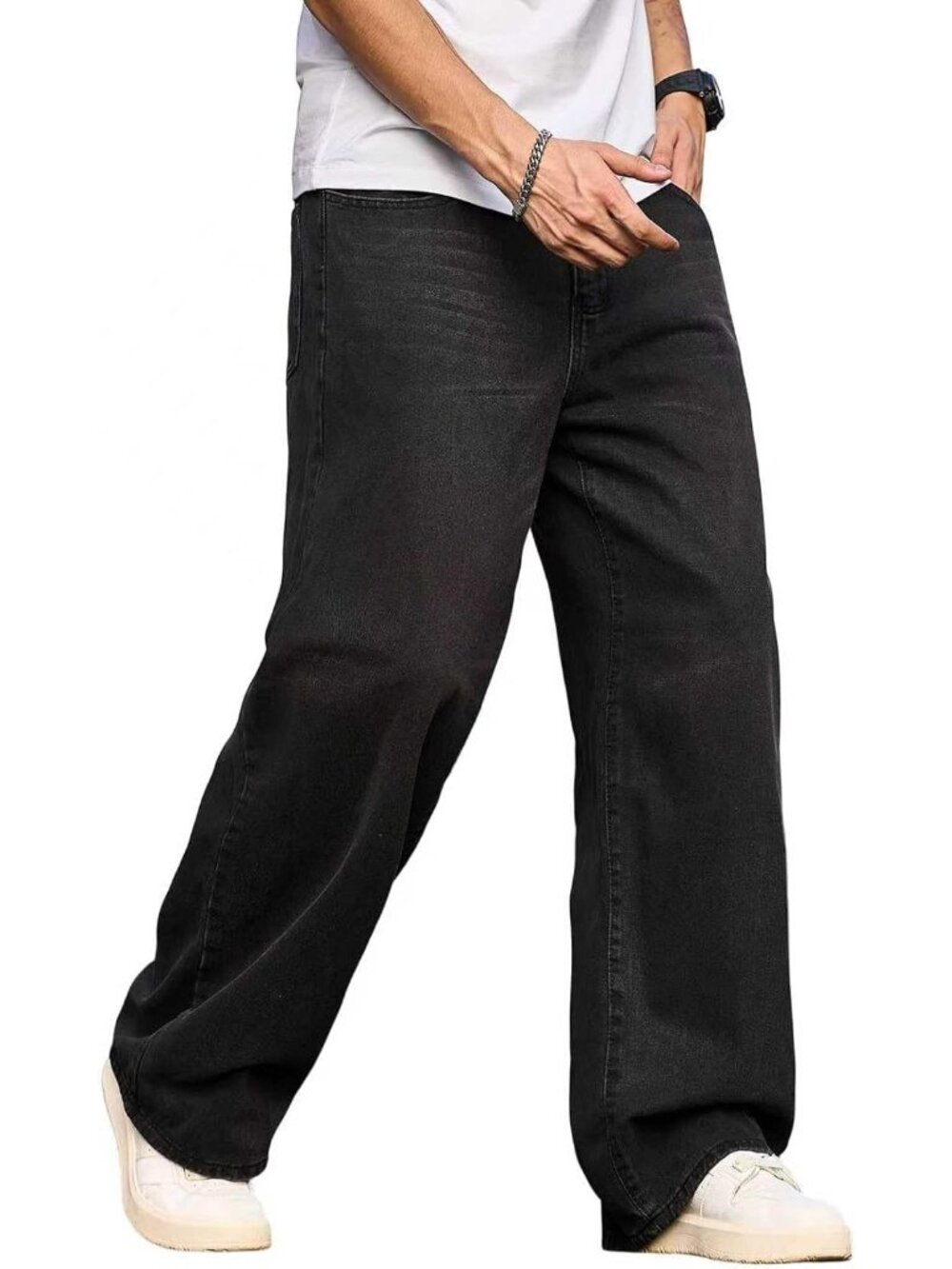 Men's A50 Black Wide Leg Loose Fit Hip Hop Streetwear Casual Denim Baggy Jeans